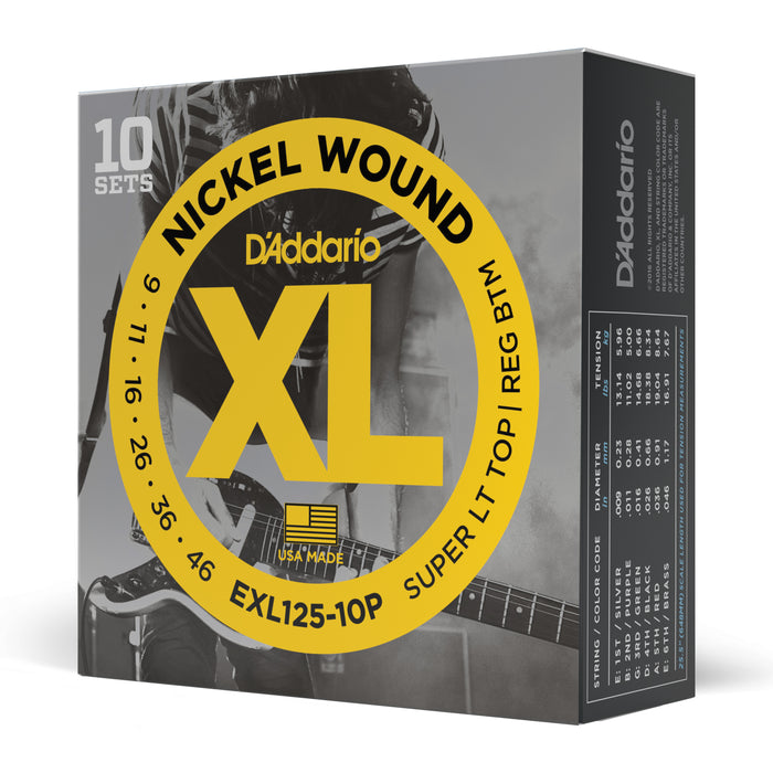 D'Addario EXL125-10P Nickel Wound Electric Guitar Strings, 10 Pack - 009-.046, Super Light Top/Heavy Bottom Gauge - New,10-pack