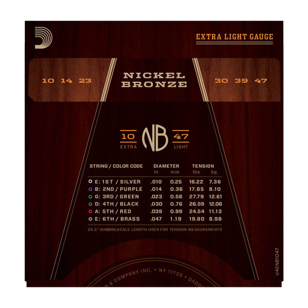 D'Addario NB1047 Nickel Bronze Acoustic Guitar Strings, Extra Light, 10-47