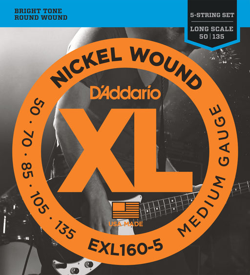 D'Addario EXL160-5 5-String Nickel Wound Bass Guitar Strings, Medium, 50-135, Long Scale