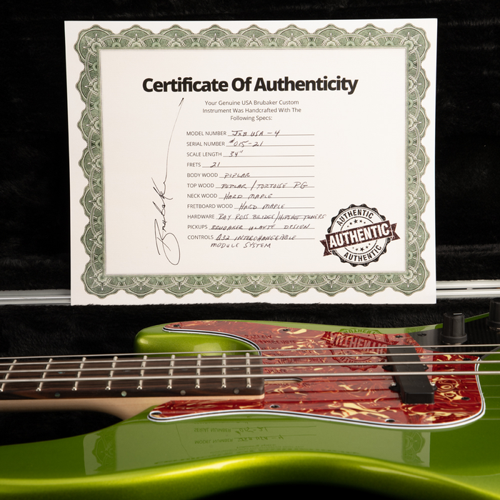 Brubaker JXB-4 Standard Bass Guitar, Green Metallic - Mint Open Box