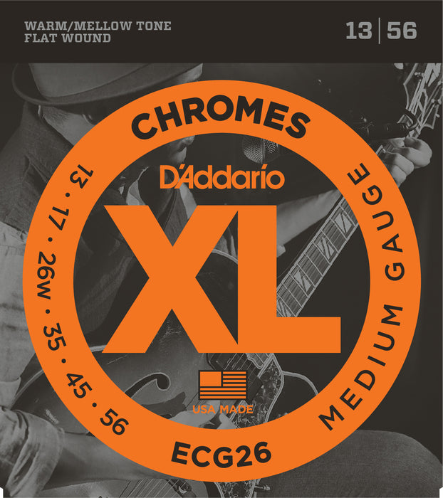 D'Addario ECG26 Chromes Flat Wound Electric Guitar Strings, Medium, 13-56